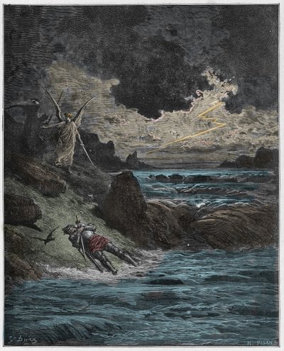 Purgatorio, Canto 5: The body of Buonconte da Montefeltro in the Arno (illustration from The Divine Comedy) by Gustave after Dore